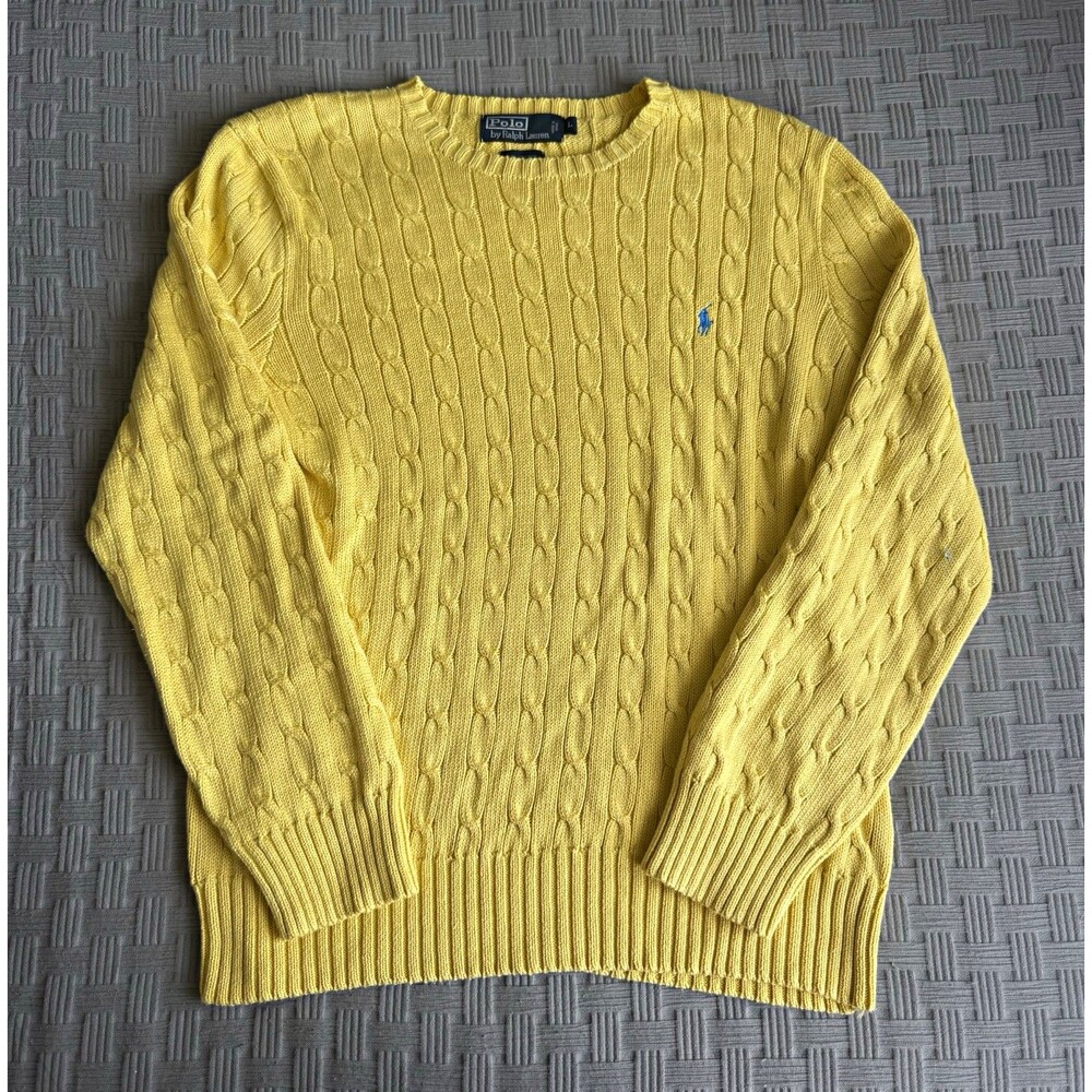 Polo Ralph Lauren Yellow Cable-Knit Crewneck Cotton Pullover Sweater Mens L